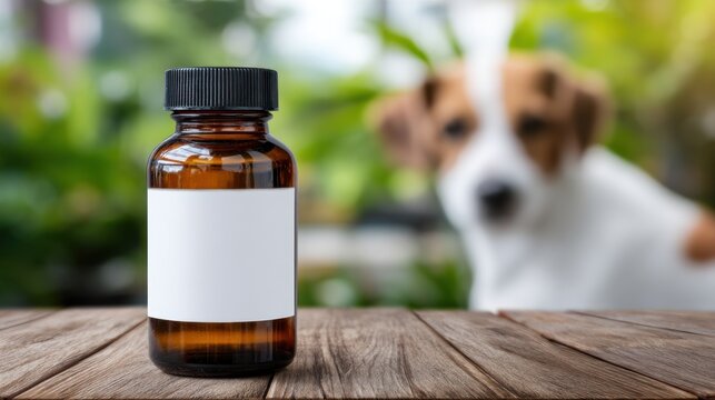 Dog medicine bottle on wooden table
