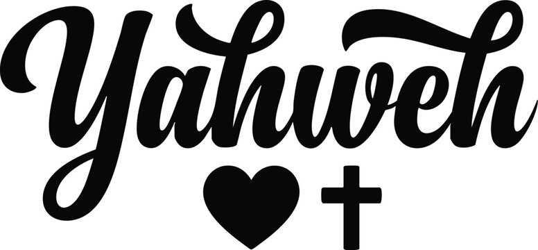 Handwritten script lettering yahweh with heart and cross icons black and white