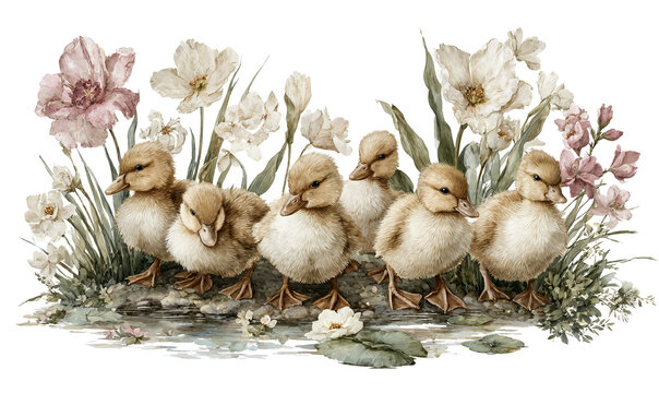 Adorable patitos de acuarela se agrupan entre delicadas flores de primavera y vegetaci&oacute;n, evocando la frescura de la naturaleza.