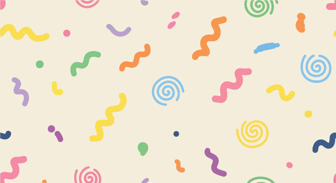 A colorful pattern of swirling shapes and dots on a beige background
