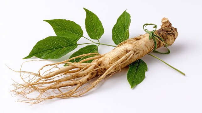 Ginseng root with leaves on white background