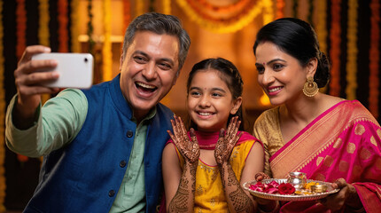 Fototapeta premium Happy Indian family captures festive moments with smartphone