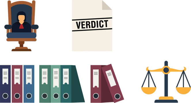 Judge sitting in a high-backed chair oversees legal proceedings alongside a stack of file folders and a golden balance scale.