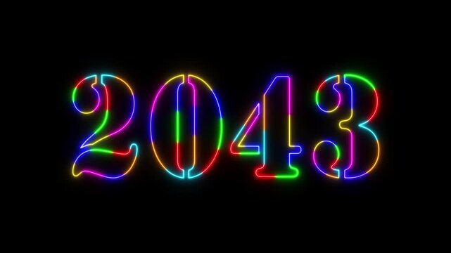 Abstract 2043 neon colourful text animation ,For neon colourful Glowing neon number text background 4k video animation .Digital font against a dark background with neon line looping animation.