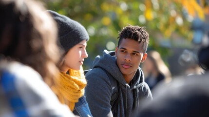 Obraz premium Young man and a young woman sitting close together and looking at each other. the man is wearing a gray hoodie and has short, curly hair.