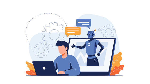 Young man works on a laptop while a friendly robot emerges from the screen representing artificial intelligence support.