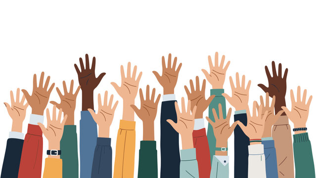 Large group of hands with diverse skin tones raised high in the air symbolizes voting or community participation.