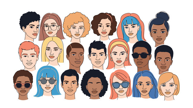 Grid of diverse hand drawn faces of men and women shows various hairstyles and accessories for a multicultural group.