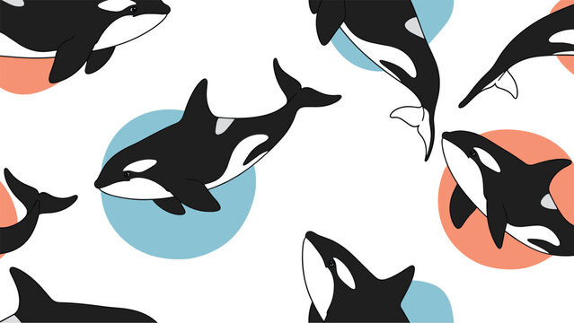 Dynamic seamless pattern of killer whales or orcas swimming over colorful blue and coral circles on a clean white background.