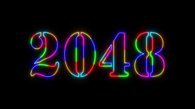 Abstract 2048 neon colourful text animation ,For neon colourful Glowing neon number text background 4k video animation .Digital font against a dark background with neon line looping animation.