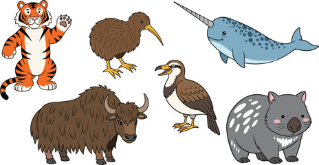 Cute Wildlife and Exotic Animal Vector Set with Tiger, Kiwi Bird, Narwhal, Yak, Dodo, and Wombat Illustrations for Children’s Books, Educational, Web, Apps, and Print Designs © MatRukshana