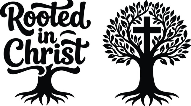 Black and white rooted in christ lettering with tree and cross vector art