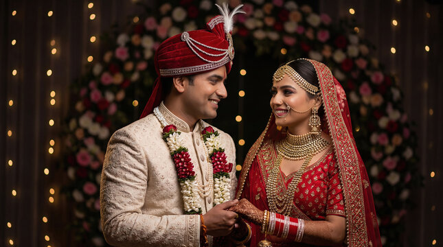 Happy Indian Couple Celebrating Their Traditional Wedding Day