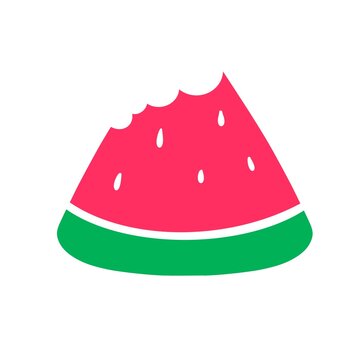 Watermelon slice summer fruit bite mark isolated on white background, red juicy melon icon for food design, banner and social media.