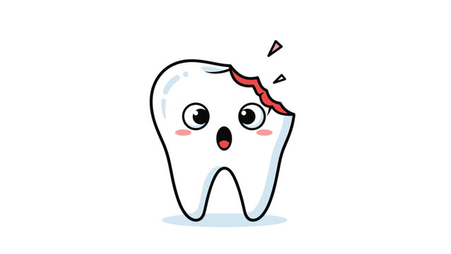 Cute cartoon tooth with a worried expression and a cavity, representing dental health and the importance of oral hygiene for kids.