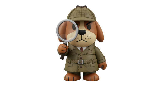 Cartoon dog detective character wearing a trench coat and hat holding a magnifying glass transparent background