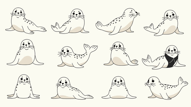 Collection of various seal and sea lion illustrations in different sitting and lying poses with one wearing a black scarf.