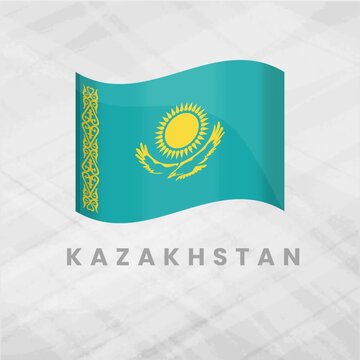 Kazakhstan National Flag 3D Waving Illustration; Gold Steppe Eagle and Sun on Sky Blue Background