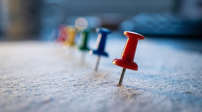 Pins Marking a Path: A row of colorful pins, each firmly planted, symbolizes planning, organization, and the journey toward a defined goal.