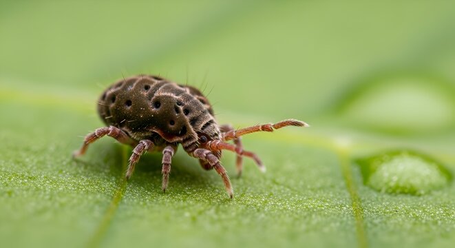 Tiny Red Velvet Mite on Green Leaf with Water Droplets - Macro Photography