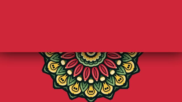 Vibrant red background with bottom half mandala floral pattern for wedding invitation or cultural event announcement card template design