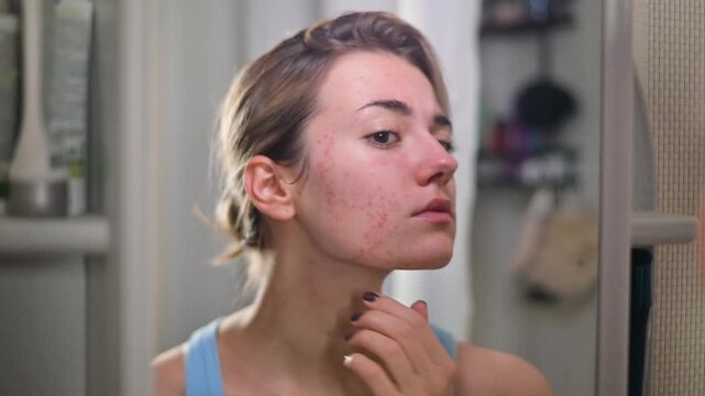 A young woman observes her skin and evaluates facial blemishes in a bathroom mirror. The activity portrays self-care and skincare routines in a personal space