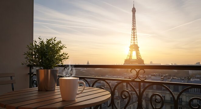 Paris Balcony View - Eiffel Tower at Sunset.