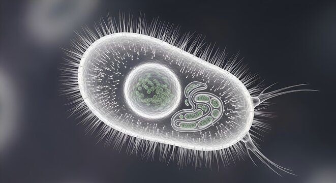 Microscopic view of Paramecium, a single-celled protozoan organism with cilia and internal organelles