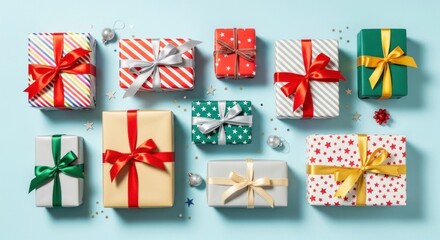 Fototapeta premium A colorful array of wrapped presents on a blue background with festive decorations.
