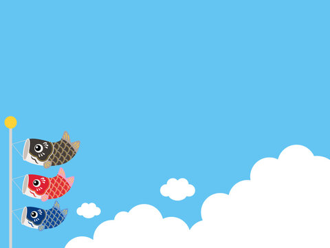 青空と入道雲と3匹のかわいい鯉のぼりの背景イラスト（黒・赤・青）