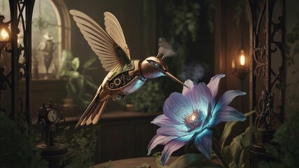 Naklejka premium Steampunk Hummingbird Hovering Near Glowing Flower in Dark Garden