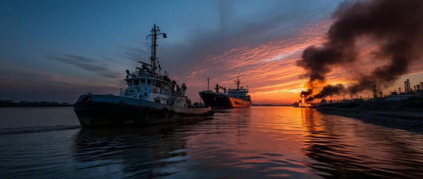Ship Fire at Sea Sunset: Dramatic scene of a vessel engulfed in flames on the ocean during a vivid sunset