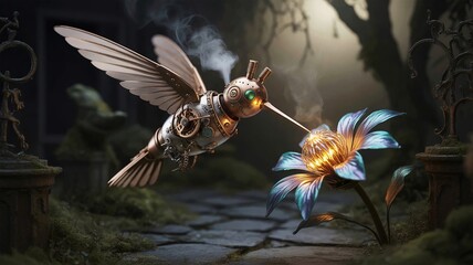 Naklejka premium Steampunk Hummingbird Hovering Near Glowing Flower in Dark Garden