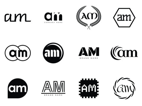 AM logo company template. Letter a and m logotype. Set different classic serif lettering and modern bold text with design elements. Initial font typography.