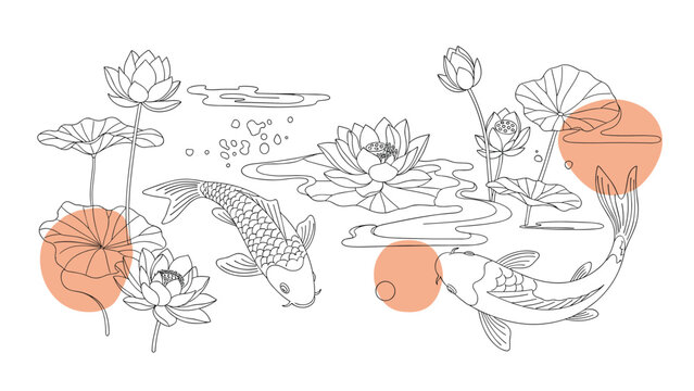 Traditional Japanese style drawing of two koi fish swimming among blooming lotus flowers and leaves with soft peach-colored circles.