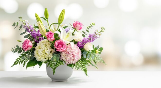 A vibrant flower arrangement with pink roses, white lilies, and purple hydrangeas in a white vase on a white table.