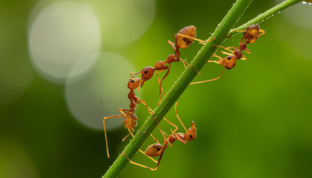 Ants climbing green stem