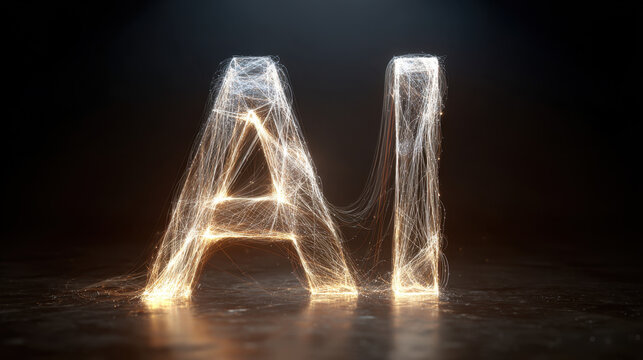 glowing artificial intelligence text made of golden energy lines on dark background