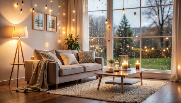 Cozy living room interior with warm lights
