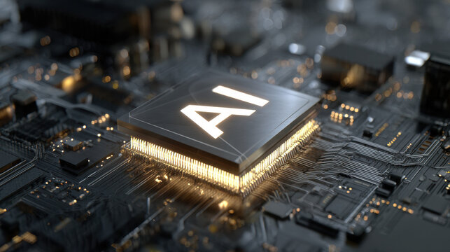 futuristic artificial intelligence chip with glowing energy on motherboard