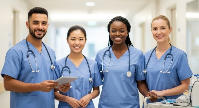 Four healthcare professionals standing in a hospital corridor.