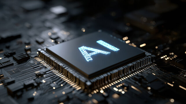 futuristic artificial intelligence chip with glowing energy on motherboard
