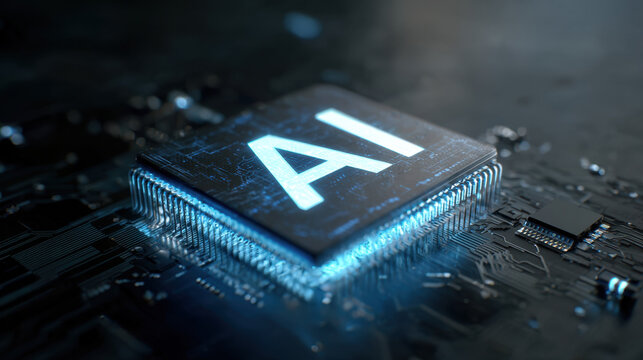 futuristic artificial intelligence chip with glowing energy on motherboard