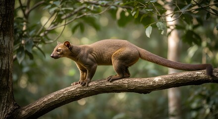 Obraz premium Fossa on a Tree Branch in Madagascar Forest