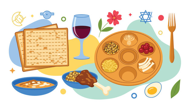 Traditional Jewish Passover Seder items including matzah bread a wine goblet and a symbolic plate with ceremonial foods.