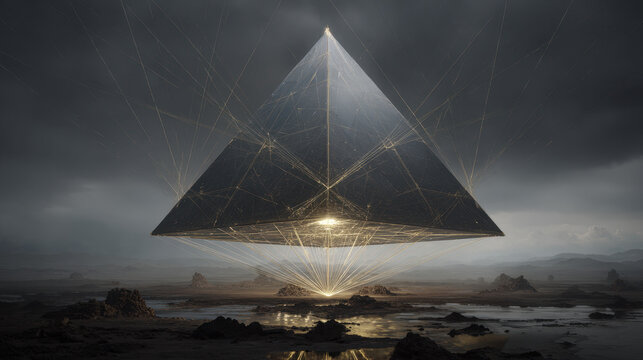 golden glowing pyramid with energy lines futuristic abstract concept