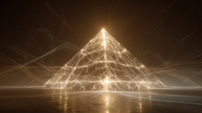 golden glowing pyramid with energy lines futuristic abstract concept