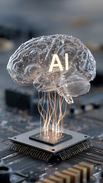futuristic artificial intelligence brain glowing on processor with neural network