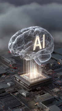 futuristic artificial intelligence brain glowing on processor with neural network