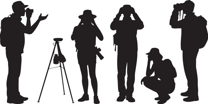 hiker silhouettes six explorers with binoculars and backpacks